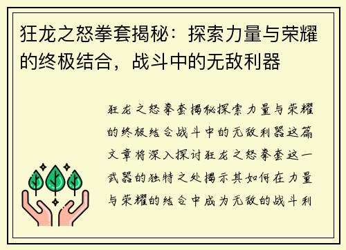 狂龙之怒拳套揭秘：探索力量与荣耀的终极结合，战斗中的无敌利器